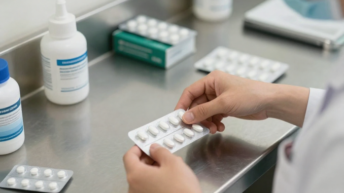 Kobieta trzyma w dłoniach blister z lekami, przed nią na stole opakowania z lekami - zdjęcie ilustracyjneopakowania